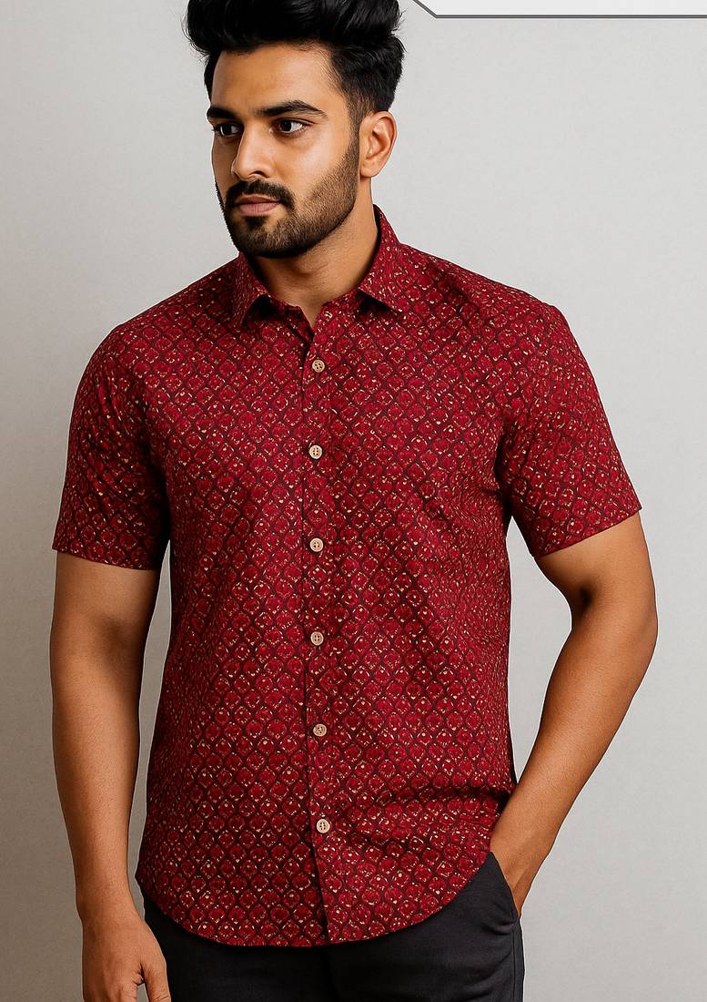 Maroon Geometric Print Shirt For Men's