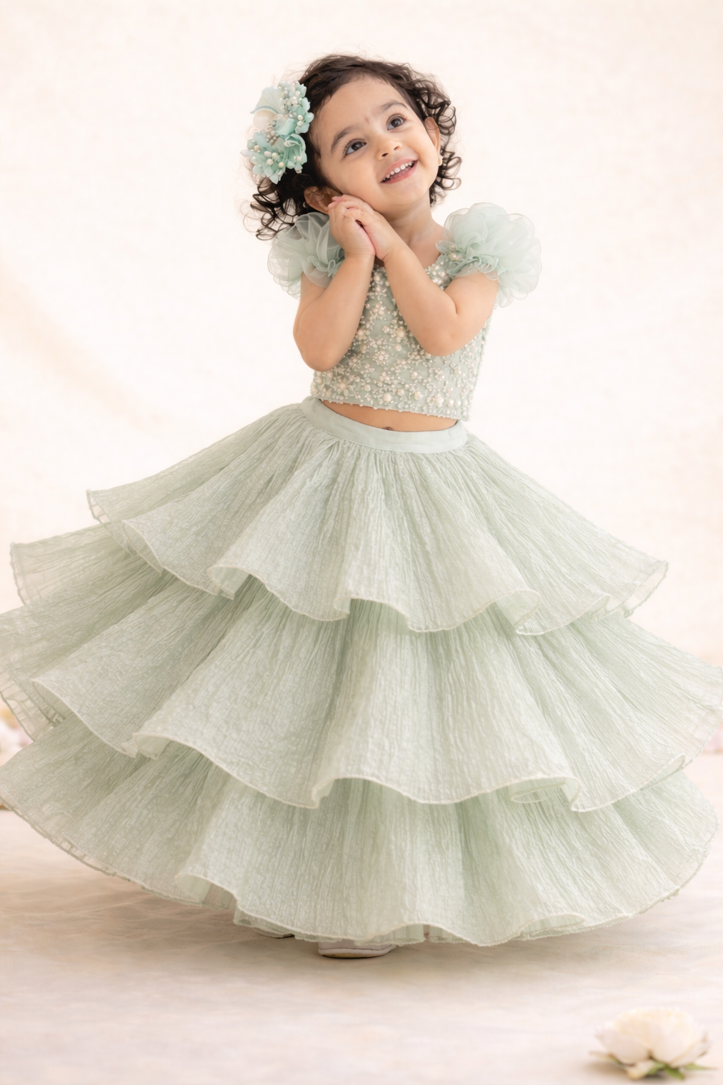 Mint Bloom Layered Lehenga Set