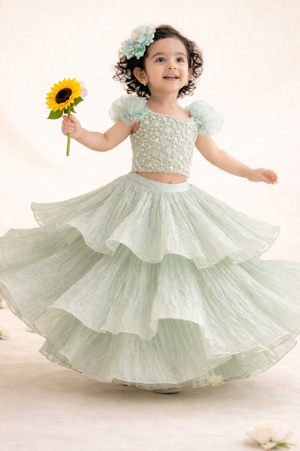 Mint Bloom Layered Lehenga Set
