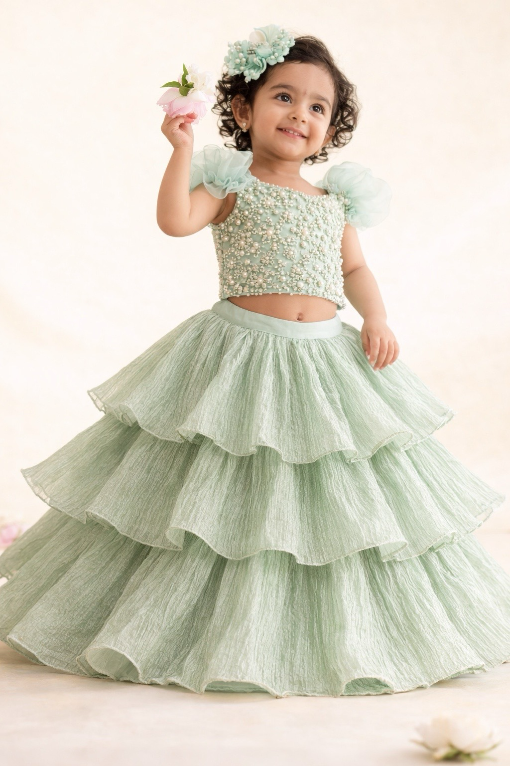 Mint Bloom Layered Lehenga Set