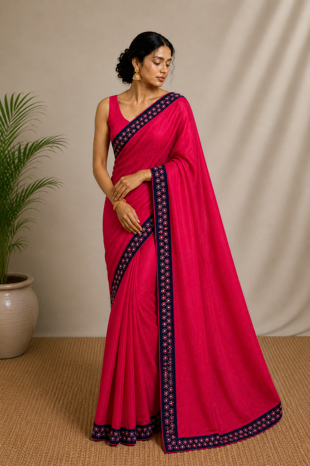 Solid Gulabi Saree with Border