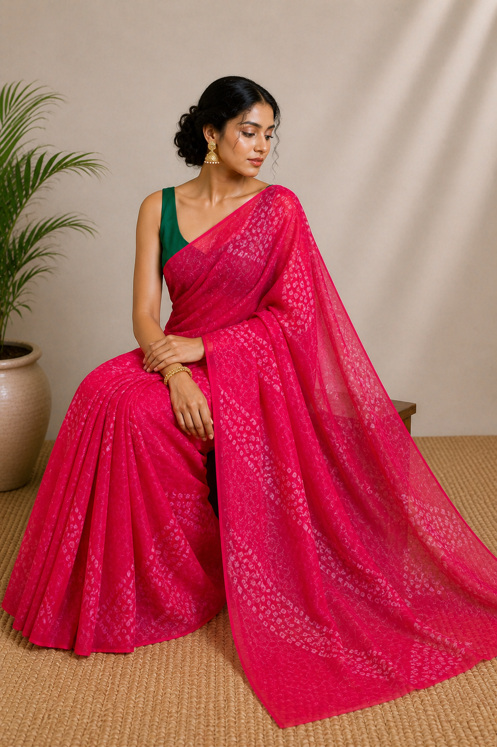 Gulabi Bandhej Saree With Blouse