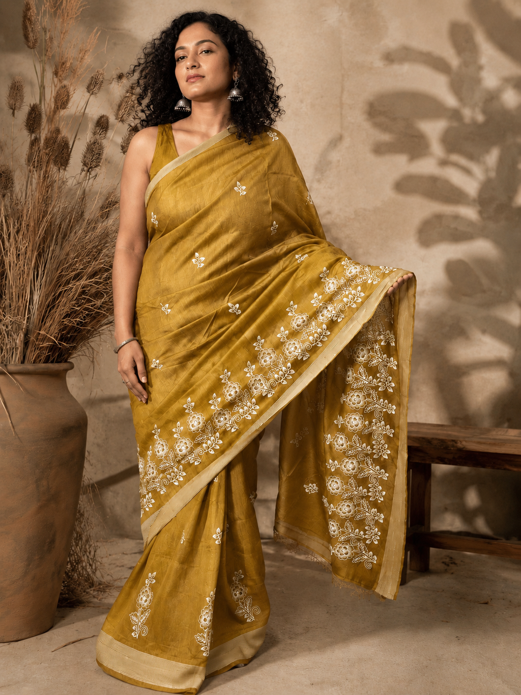 Embroidered Mustrad Saree With Blouse