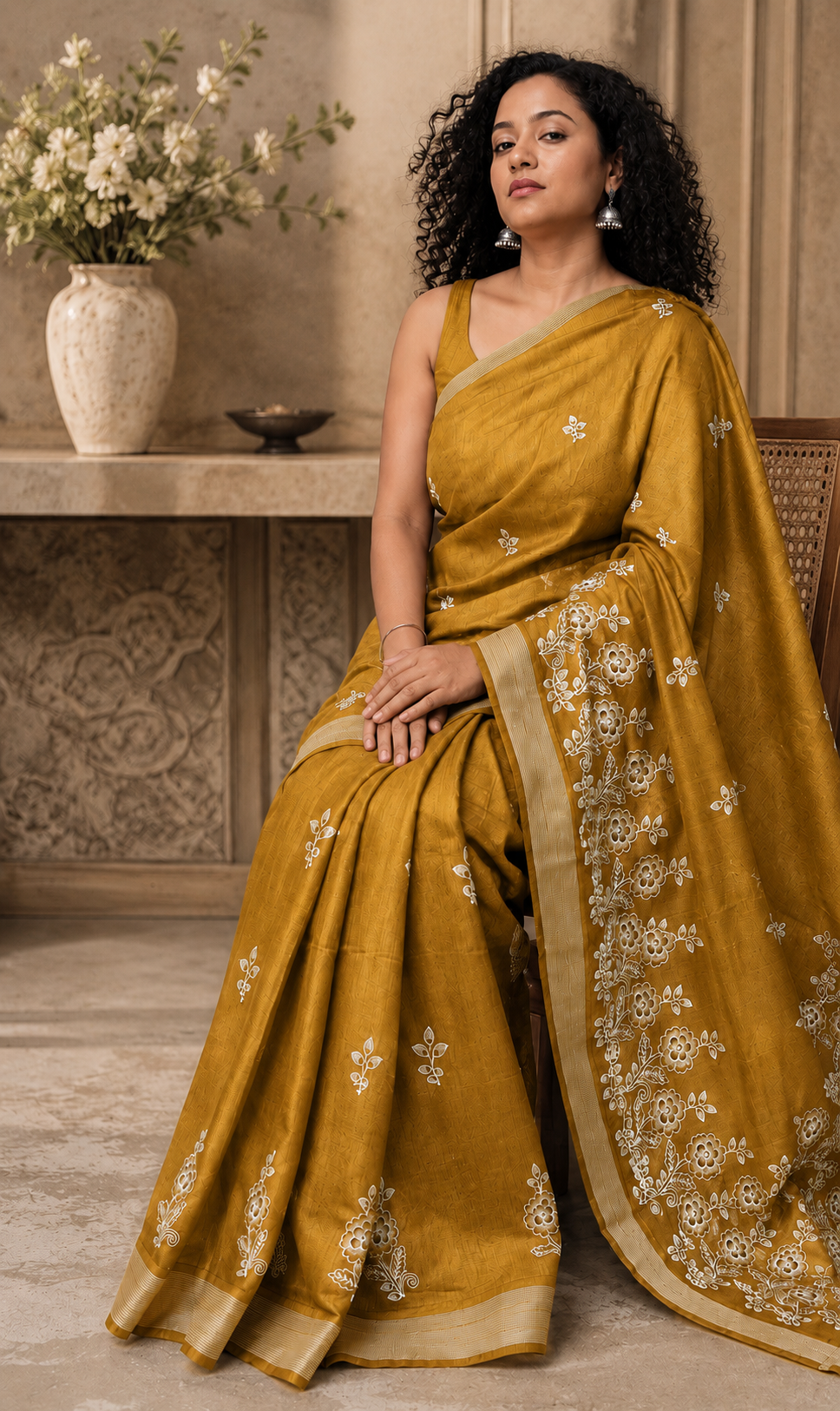 Embroidered Mustrad Saree With Blouse