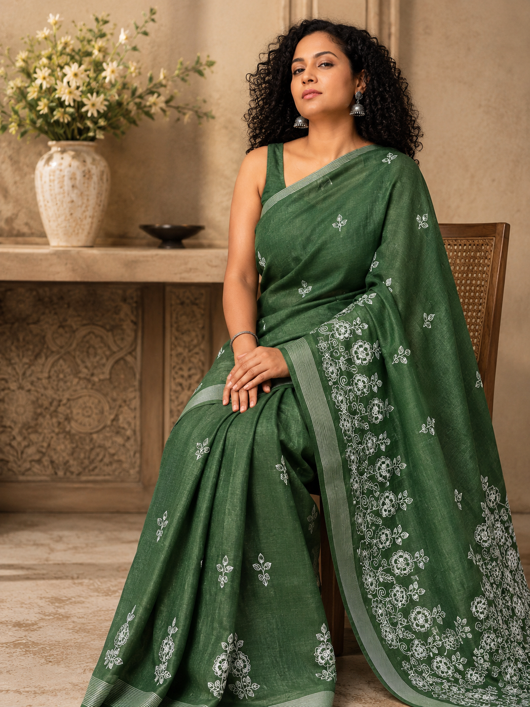 Embroidered Green Saree With Blouse