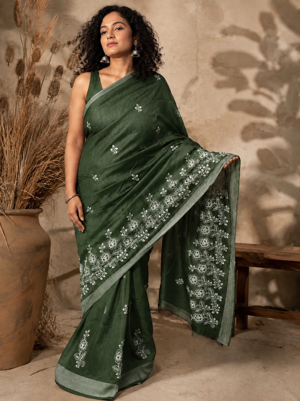 Embroidered Green Saree With Blouse