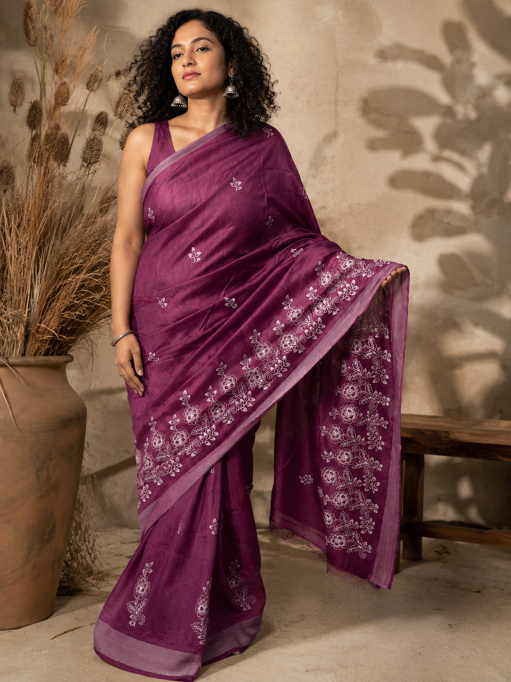 Embroidered Purple Saree With Blouse