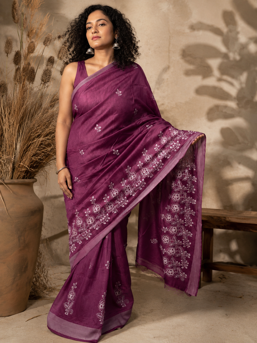 Embroidered Purple Saree With Blouse