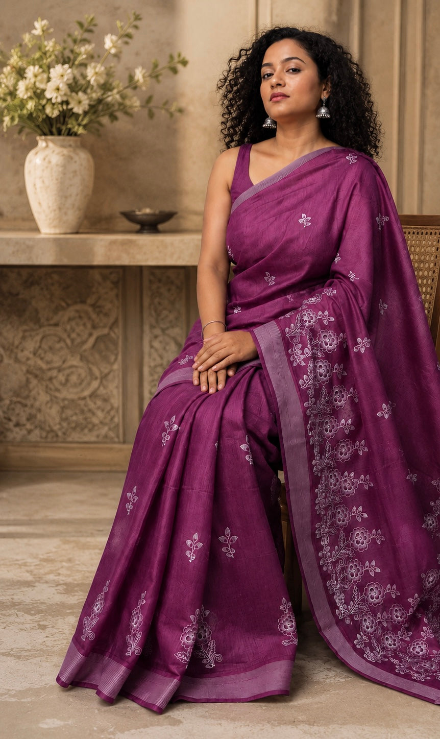 Embroidered Purple Saree With Blouse