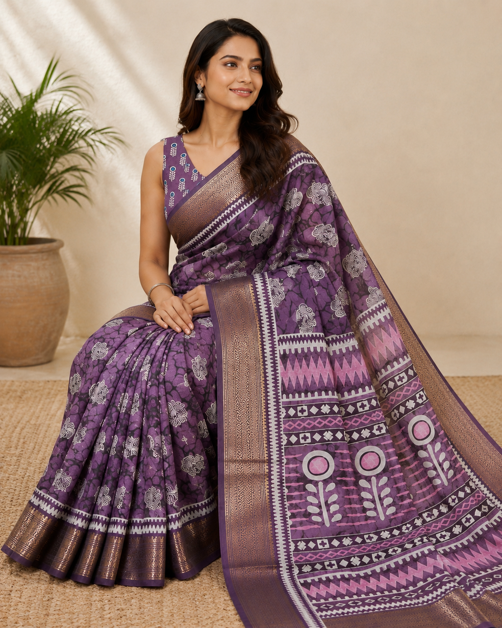 Purple Block Printed Saree