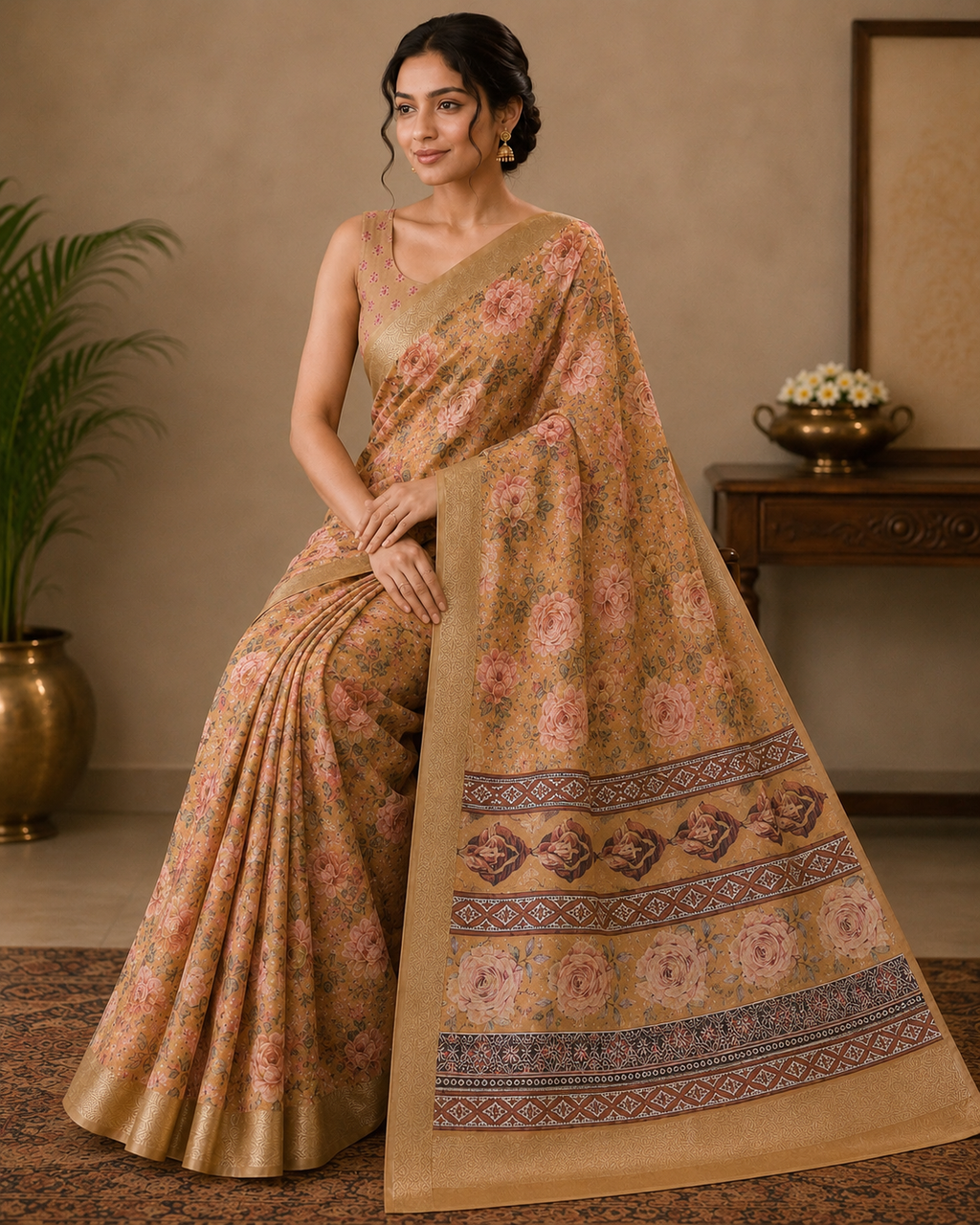 Saahi  Floral Peach Printed Saree With Blouse