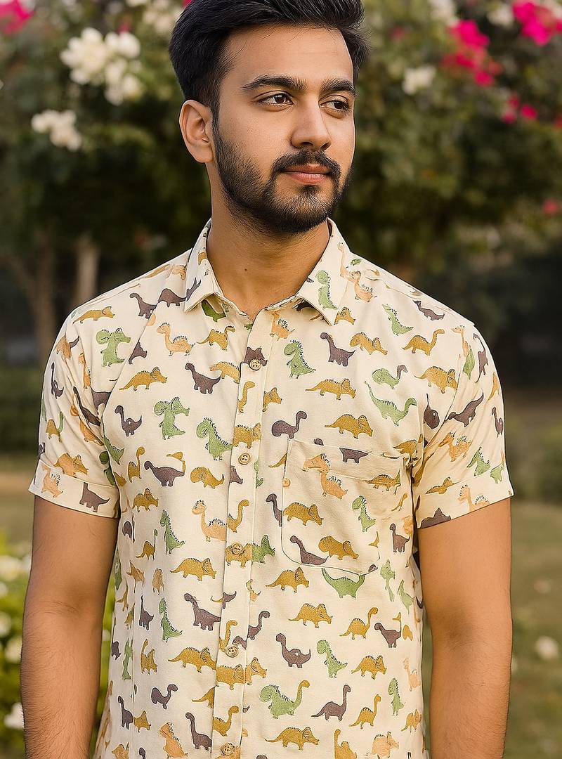 Dinosaur Half Sleeves Cotton Shirt For Men