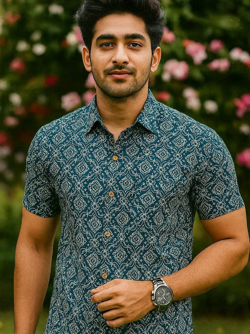 Indigo Block Print Shirt For Men